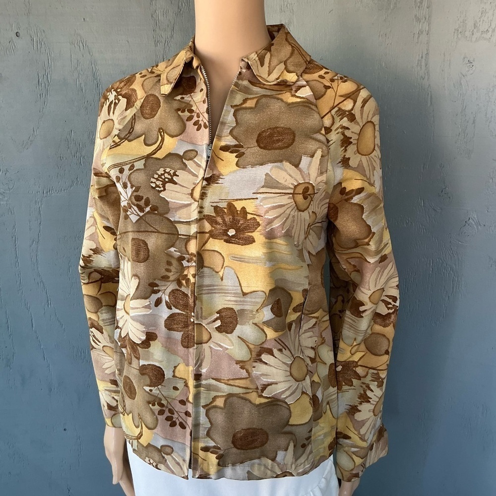 Vintage 1970s Floral Patterned Women's Front Zipper Jacket Top